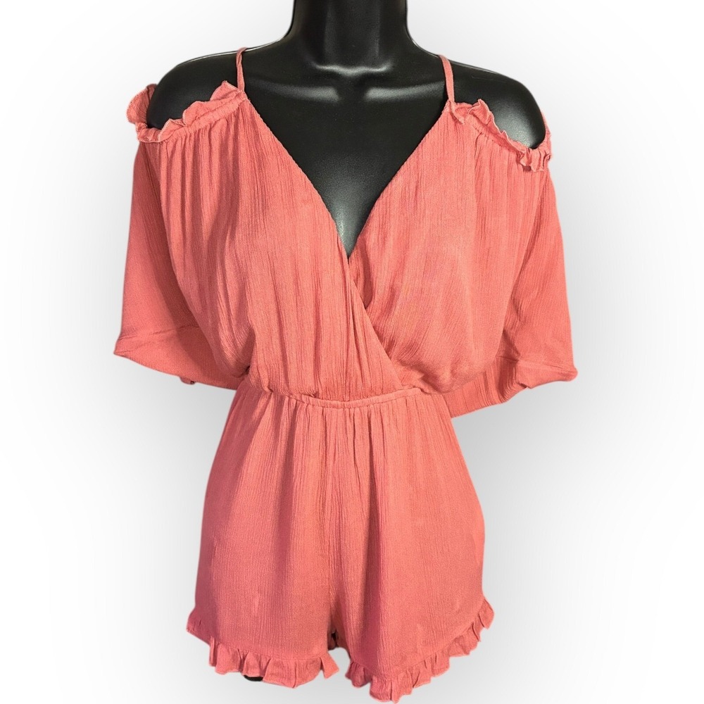 Topshop Romper Off Shoulder Ruffle Trim V-Neck Casual Pink Medium